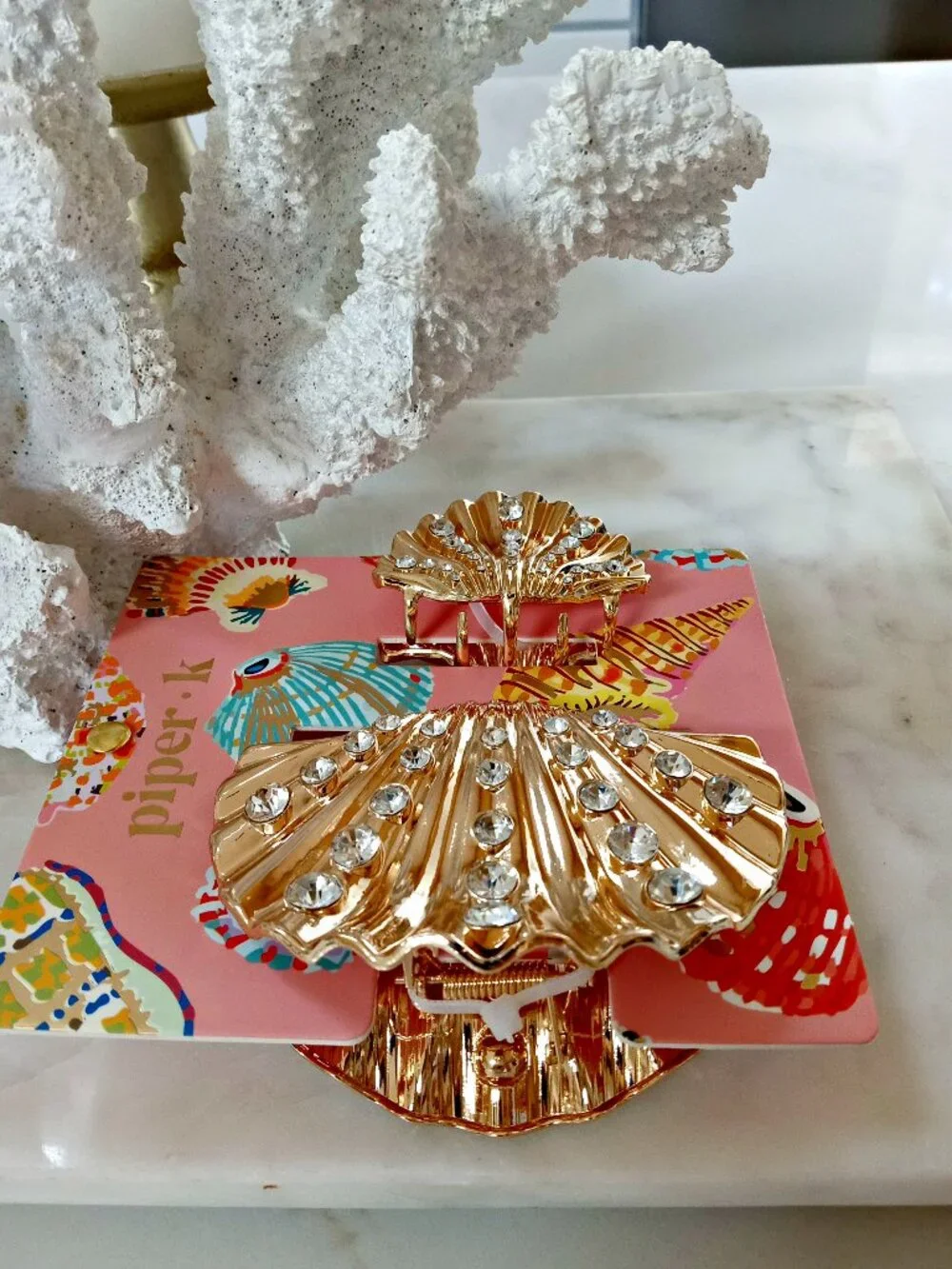 NEW! BEACH VIBES SOLID METAL Set/2 RHINESTONES SHELL HAIR CLIPS